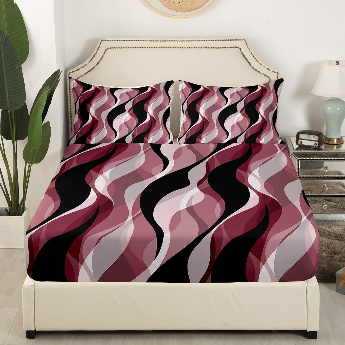 Erosebridal Burgundy Stripes Fitted Sheet Full Gradient Bed Sheets Modern Abstract Ombre Striped Bedding Set Geometric Simple Lines Sheets for Women Men Adults