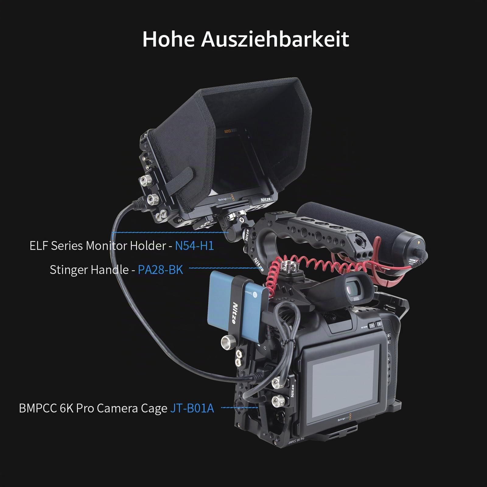 Nitze Cage Kit for Blackmagic Video Assist 5" 12G / 3G with Sunhood, HDMI and USB-C Cable Clamps - JT-B01B