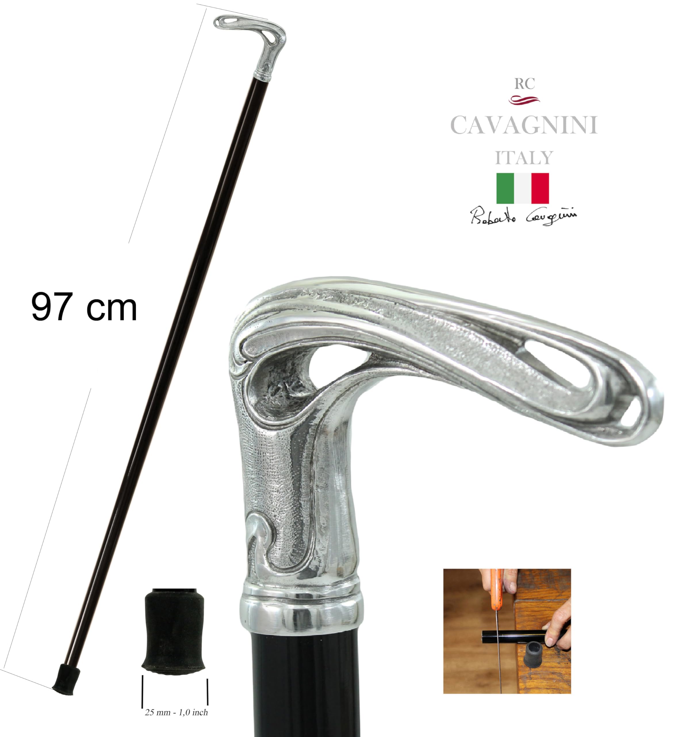 Bastón de paseo hecho a mano en Italia, 97 cm de longitud, ajustable, mango de peltre y madera de haya, color negro, ideal para hombres, mujeres, ancianos