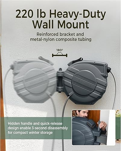 Miniatura 7 de GLAHODEN Carrete de manguera de jardín retráctil de 1/2 pulgadas x 65 pies, 2025 Actualizado con doble bloqueo de trinquete, protección UV y contra