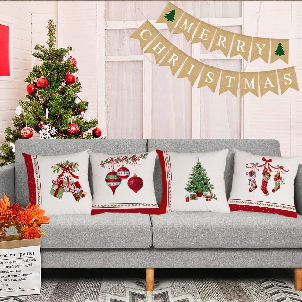 YeeJu Set of 4 Merry Christmas Decorative Throw Pillow Covers Winter Holiday Xmas Velvet Pillow Cases Christmas Trees Socks Cushion Covers Outdoor Sofa and Home Decor Pillow Protectors 22x22 Inch