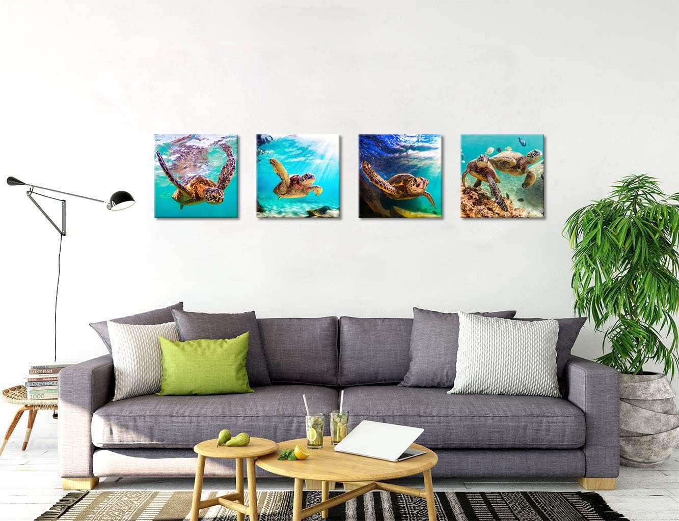 ArtHome520 Turquoise Sea Ocean Sea Turtle Pictures Home Decor Canvas Print Wall Art for Living Dining Room Decorations Modern Framed Ready to Hang 4 Panel (20''x20''x4pcs)