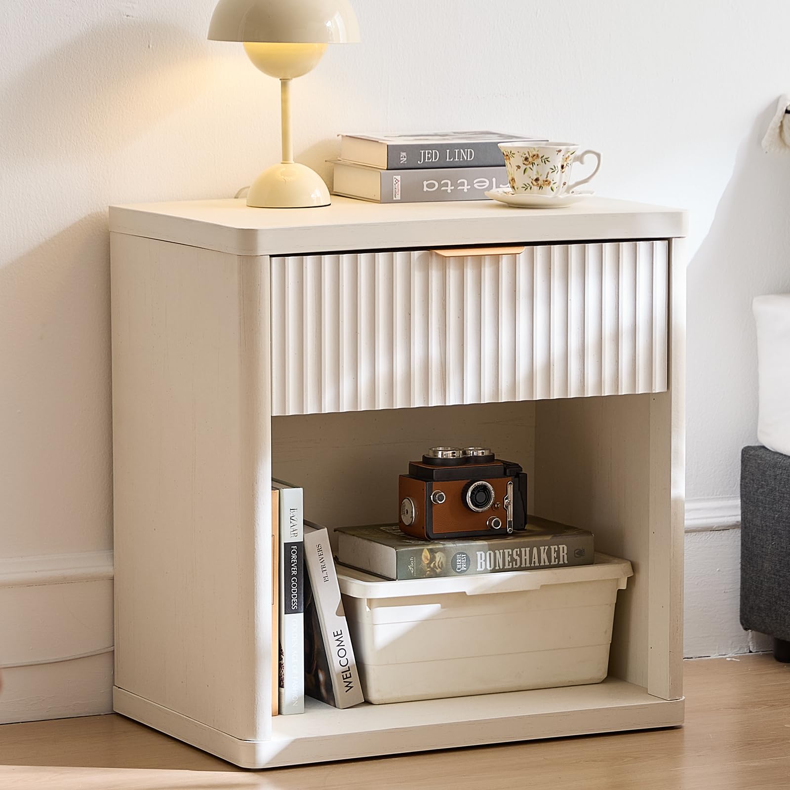 LELELINKY 23" Fluted Nightstand, Wide 2 Drawers End Table Natural Night Stand With Open Storage Cabinet Farmhouse Bed Side Tables Wood Dresser For Bedroom Living Room Closet Natural 2 Dbt Natural