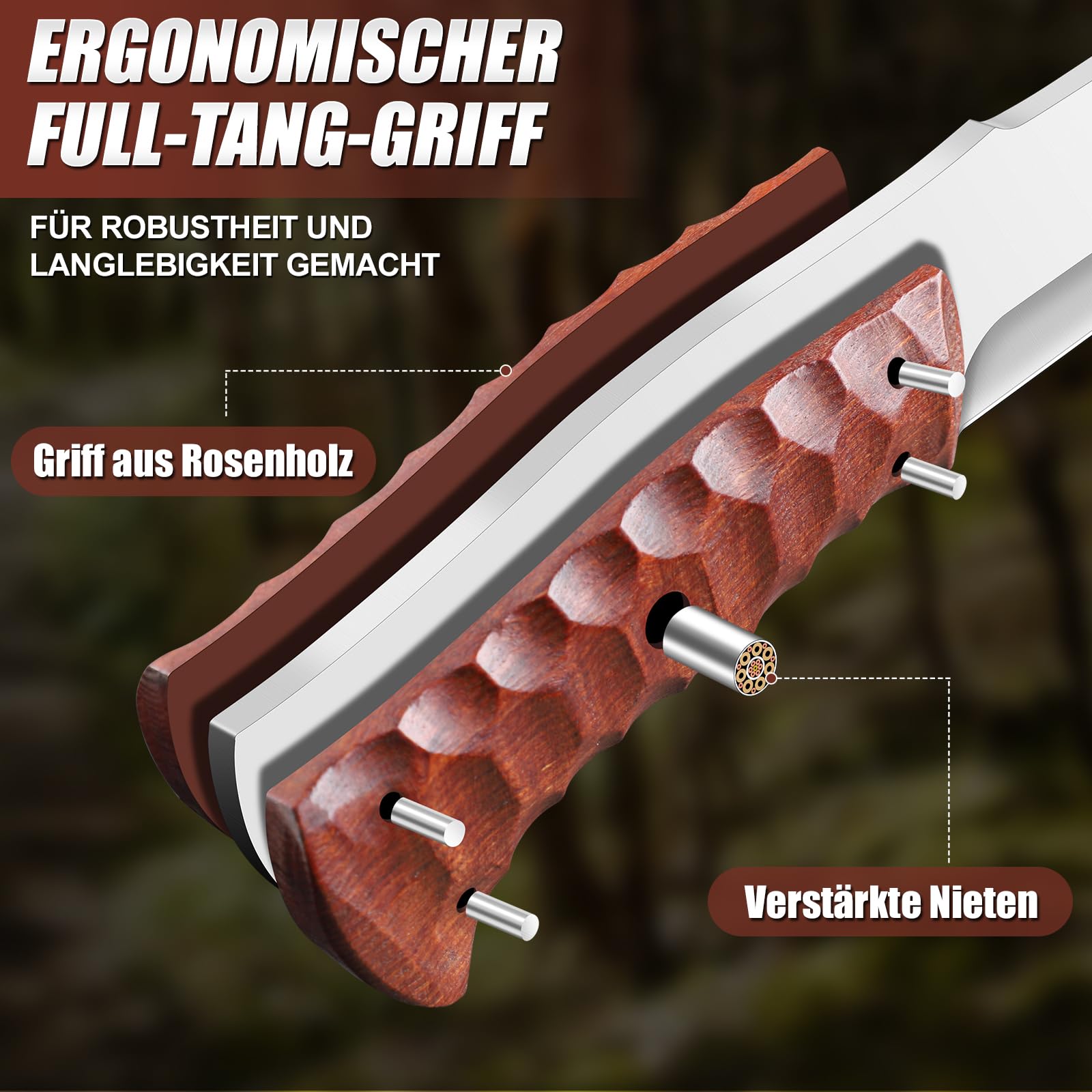 Purple Dragon Großes Outdoor Messer – Aus einem Stück D2-Stahl geschmiedet – Survival Messer mit durchgehendem Holzgriff und Scheide für Buschhandwerk, Camping und Gartenarbeit – Geschenk für Männer