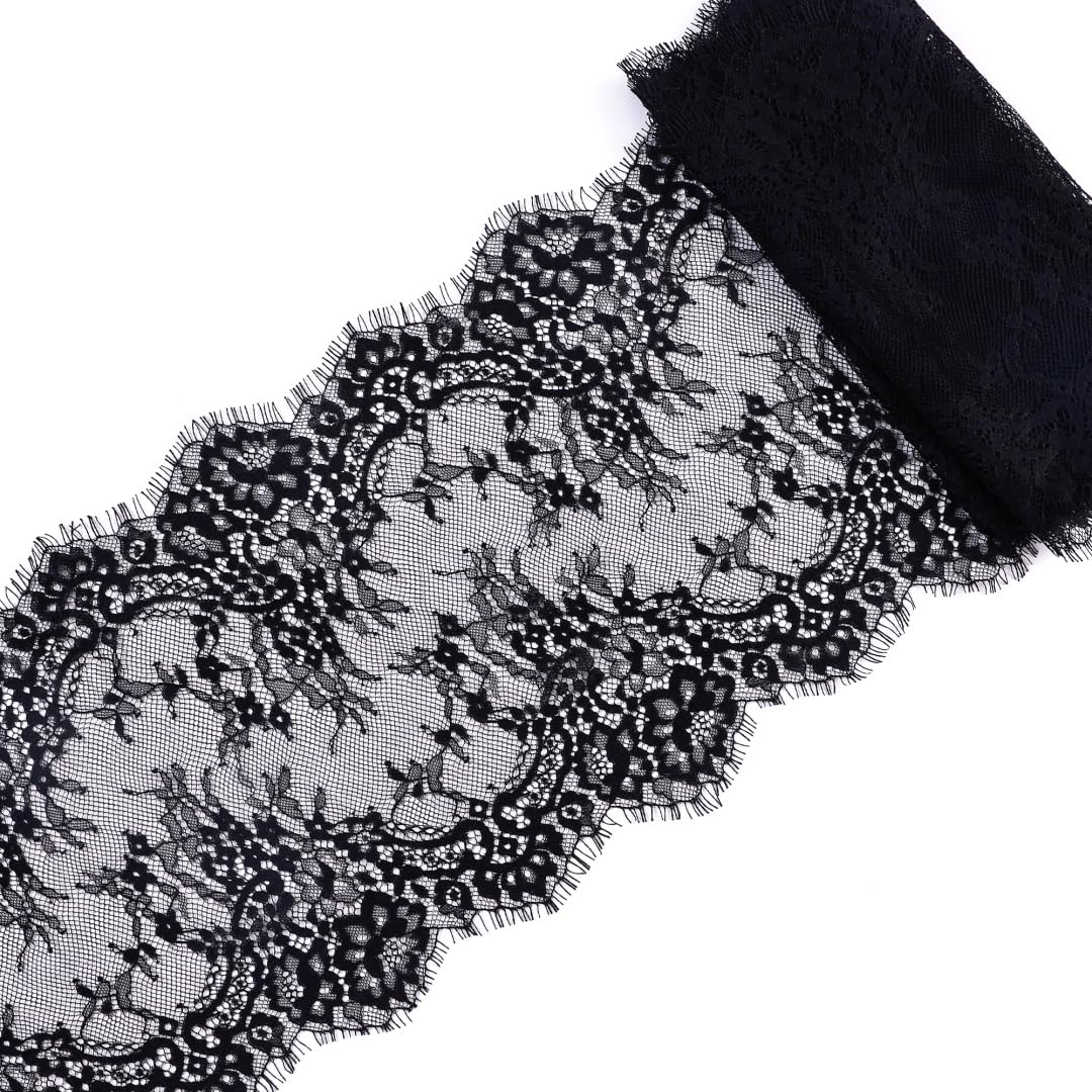 9 Inch Wide by 3 Yard Lace Ribbon Trim Floral Pattern Embroidered French Eyelash Colored Lace Fabric Material for Clothes Bridal Wedding Dress Sewing Home Decoration,Black