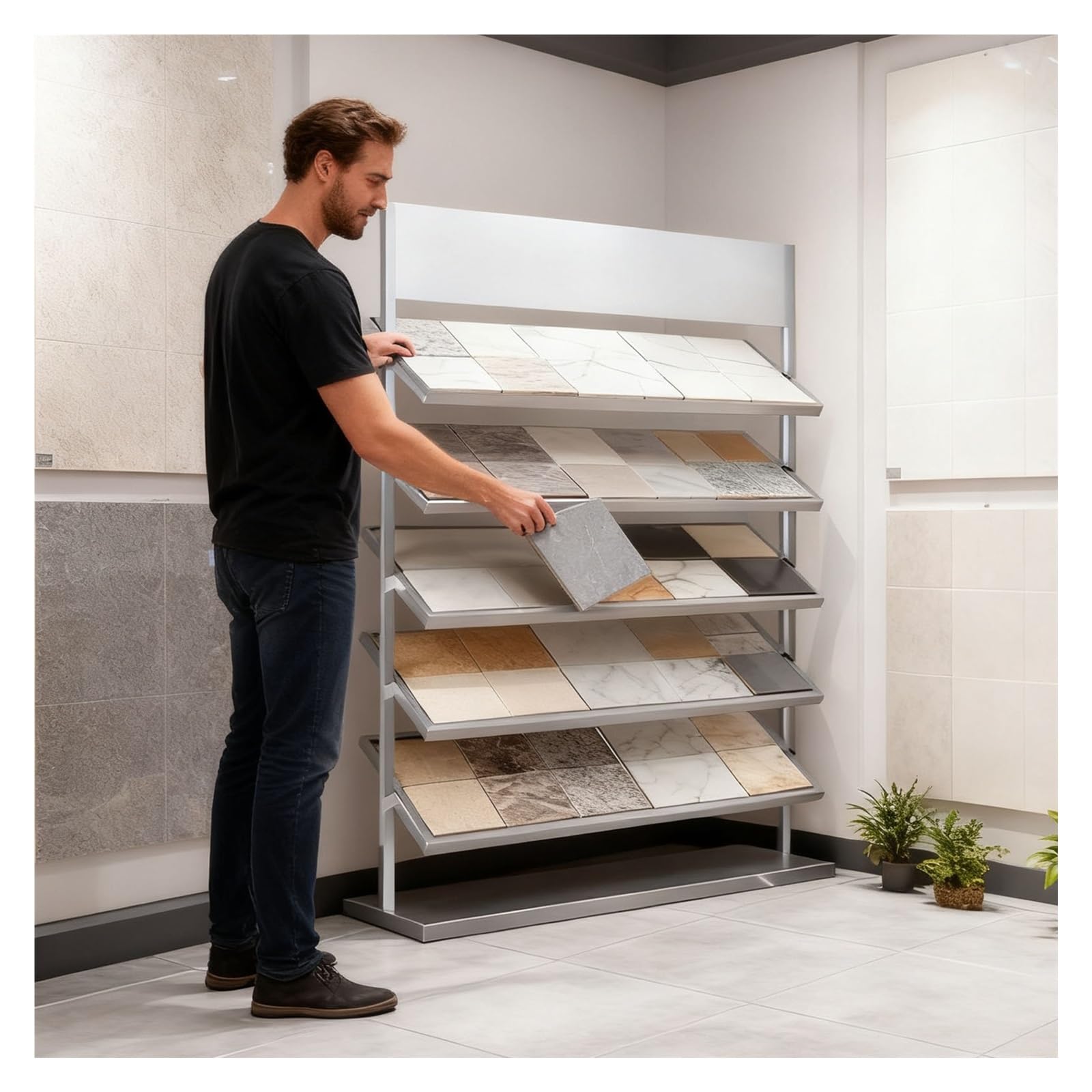 Présentoir échantillons de carrelage robuste pour verre et marbre