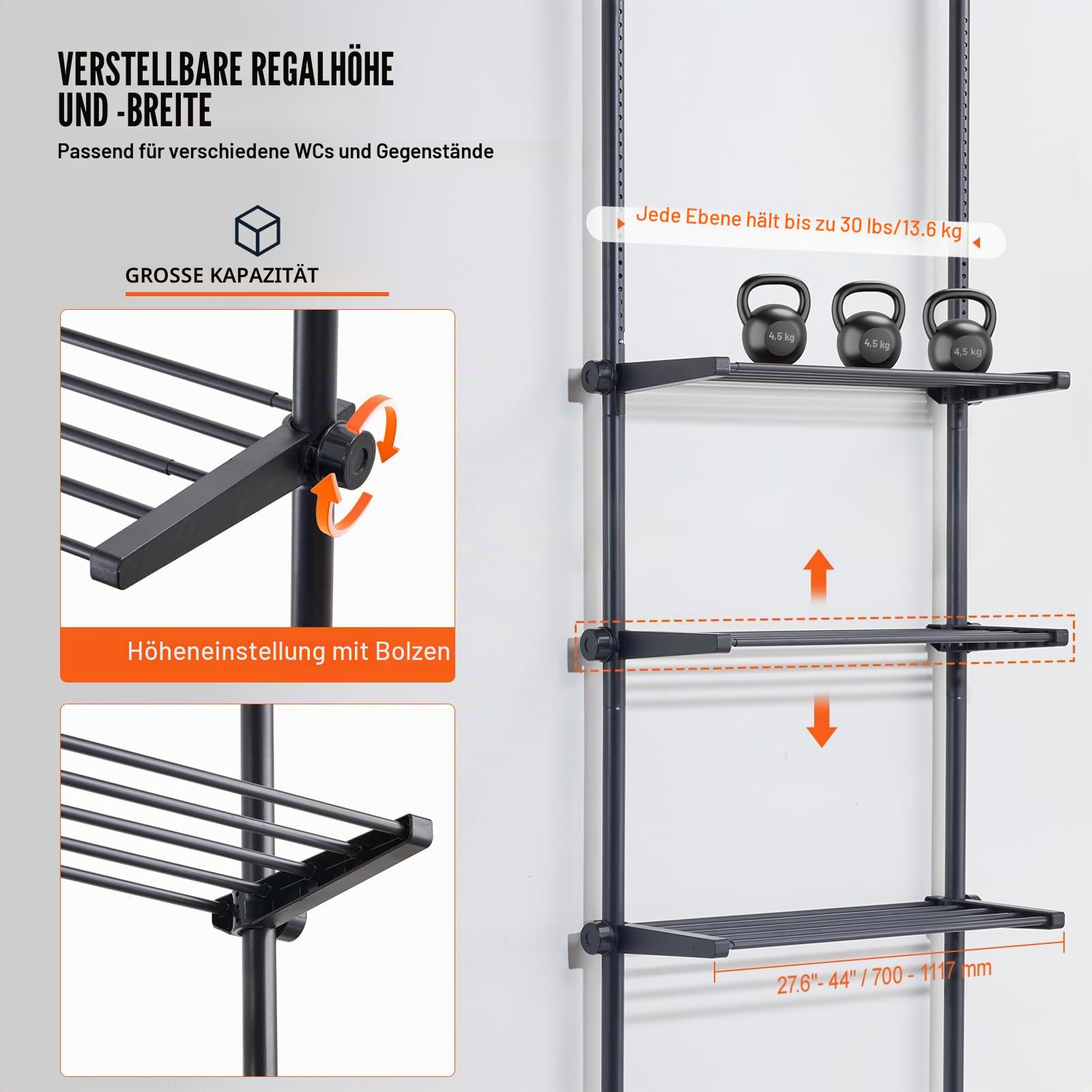 VEVOR Aufbewahrung über der Toilette, 4-stufiger Verstellbarer Badezimmer-Organizer über der Toilette, kohlenstoffarmer Stahl, 135–332 cm hohes Lagerregal, einfach zu montierender Wäscheplatzsparer