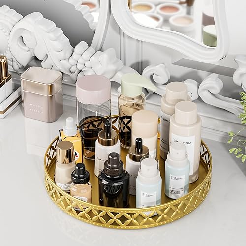 Miniatura 2 de EKNITEY Bandeja de tocador para mostrador de baño, maquillaje de perfume para tocadores, velas redondas doradas, almacenamiento decorativo,