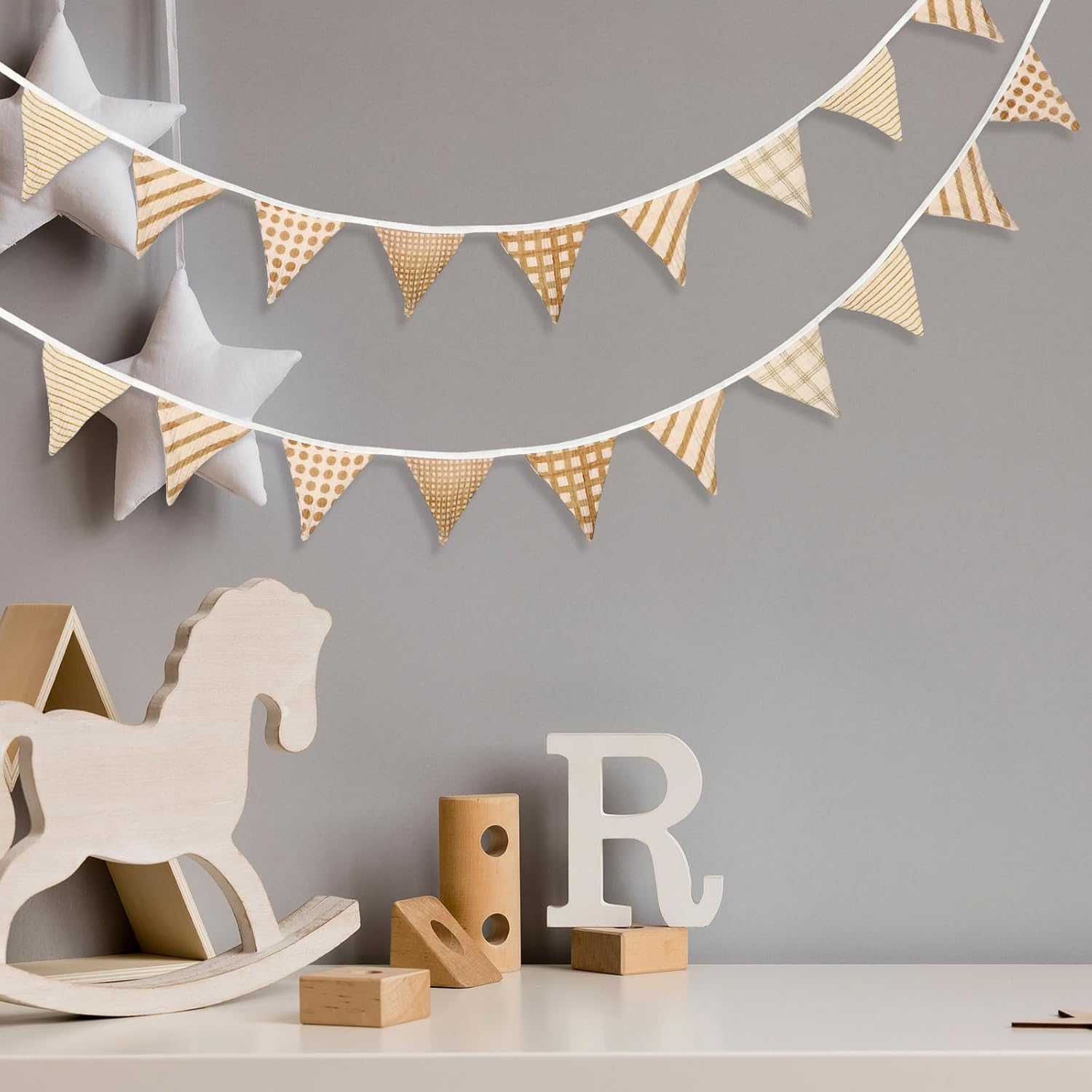 Oudain 2 Pcs Pennant Banner Flags Nursery Garland Triangle Bunting Flags Playroom Wall Decor Banner for Nursery Baby Shower Birthday Boho Wedding Party Event, Each 7.75 ft(Vivid Color) - Image 4