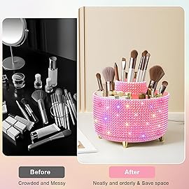 Diesisa Bling Diamond 360 Makeup Brush Holder Organizer, Rotating Makeup Brush Organizer,5 Slot Make up Brushes Cup for Cosmetics, Vanity Desktop Organizer, Gift for Women Teen Girls- Diamond Pink