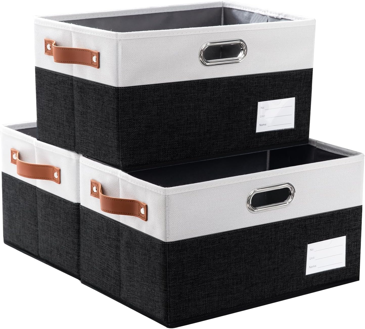 Larger Foldable Storage Bins with Handles [3-Pack] Fabric Collapsible Storage Boxes Baskets Cubes Containers with Handles for Closet Living Room Bedroom (Black & White 17.3x12.2x10.4')