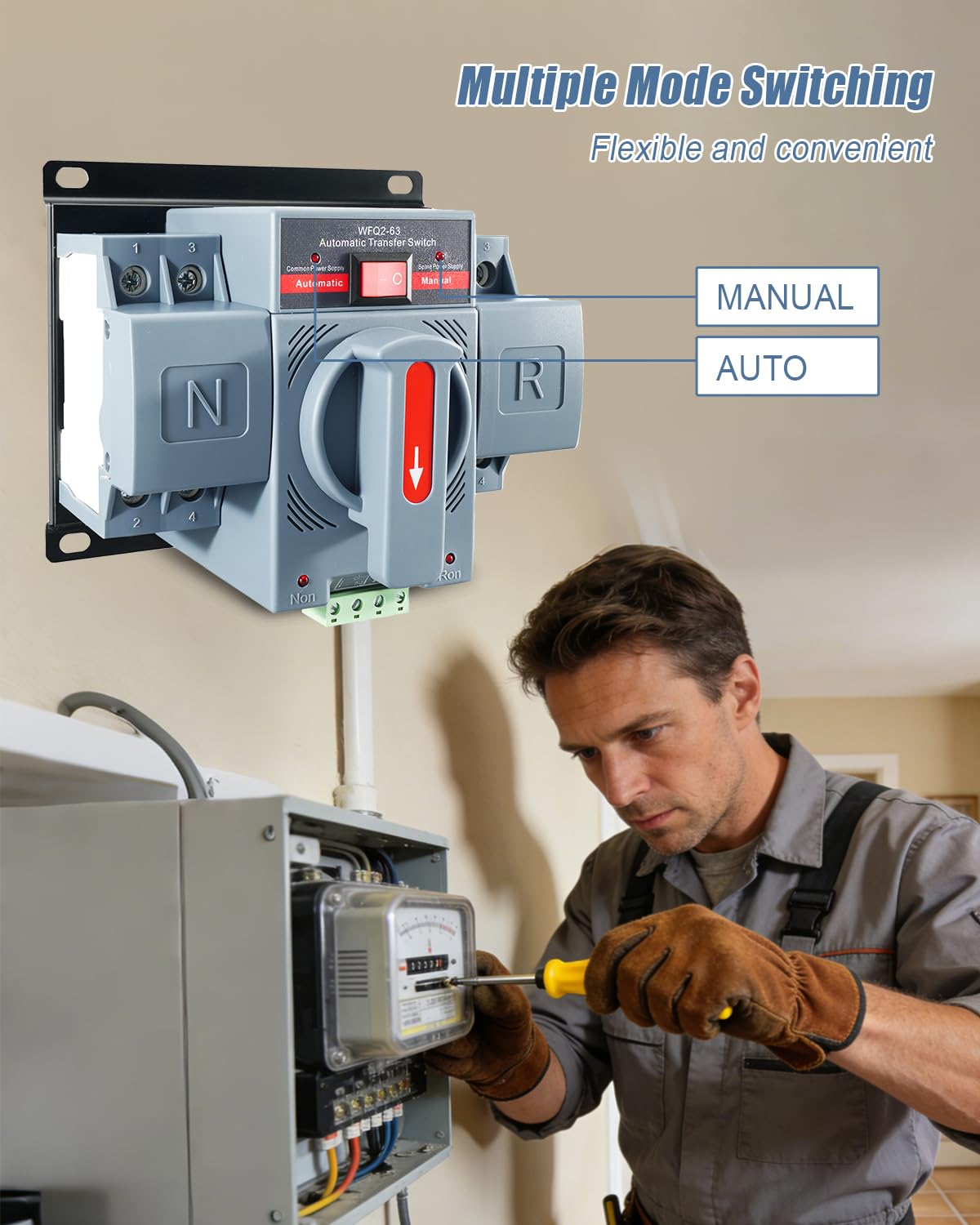 6–63A AC220V Dual Power Transfer Switch, 2Pole ATS Automatic/Manual Changeover Transfer Switch for Home Generator Solar Power System, with Auto Selector Over/Under Voltage Protection, 50/60Hz