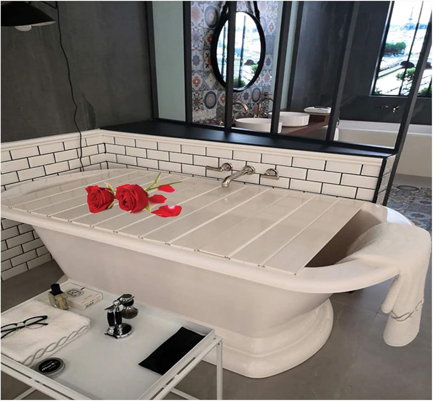 Folding Bathtub Tray 1.2cm Thickness Bathtub Cover, PVC Dust Board Shutter Bath Lid, Bathtub Insulation Cover for Most Standard Sized Bathtubs (Color : White, Size : 70x105x1.2cm)