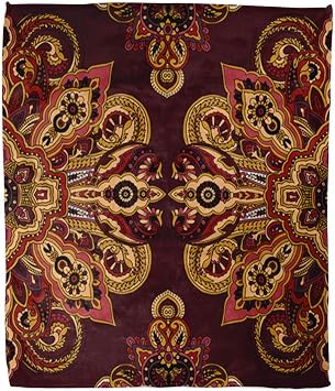 Home Decor Throw Blanket, Burgundy Red and Gold Mandala Paisley Pattern, Warm Soft Cozy Flannel Bed Blankets for Bed, Couch, Sofa and Chair, All Seasons Suitable, 60x50 inches
