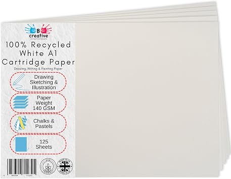 100% Eco Recycled Art A1 Cartridge Paper White Great Art Paper 140gsm Pack of 125 Sheets - Suitable for bookmaking, Sketching, Painting, Printing and More