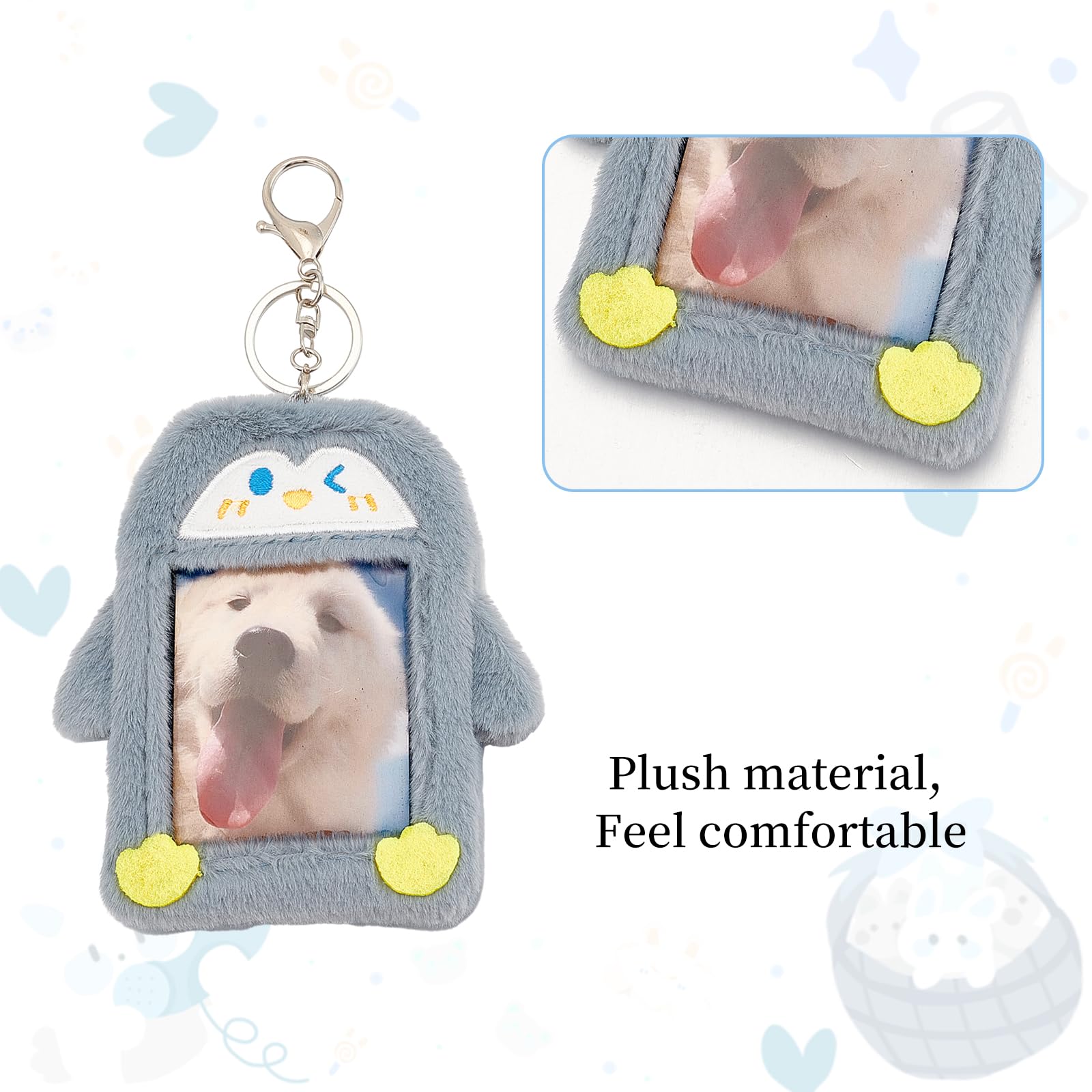 NICENEEDED Cartoon Plush Photocard Holder, Kawaii Blue Penguin Card Cover with Keychain - Image 4