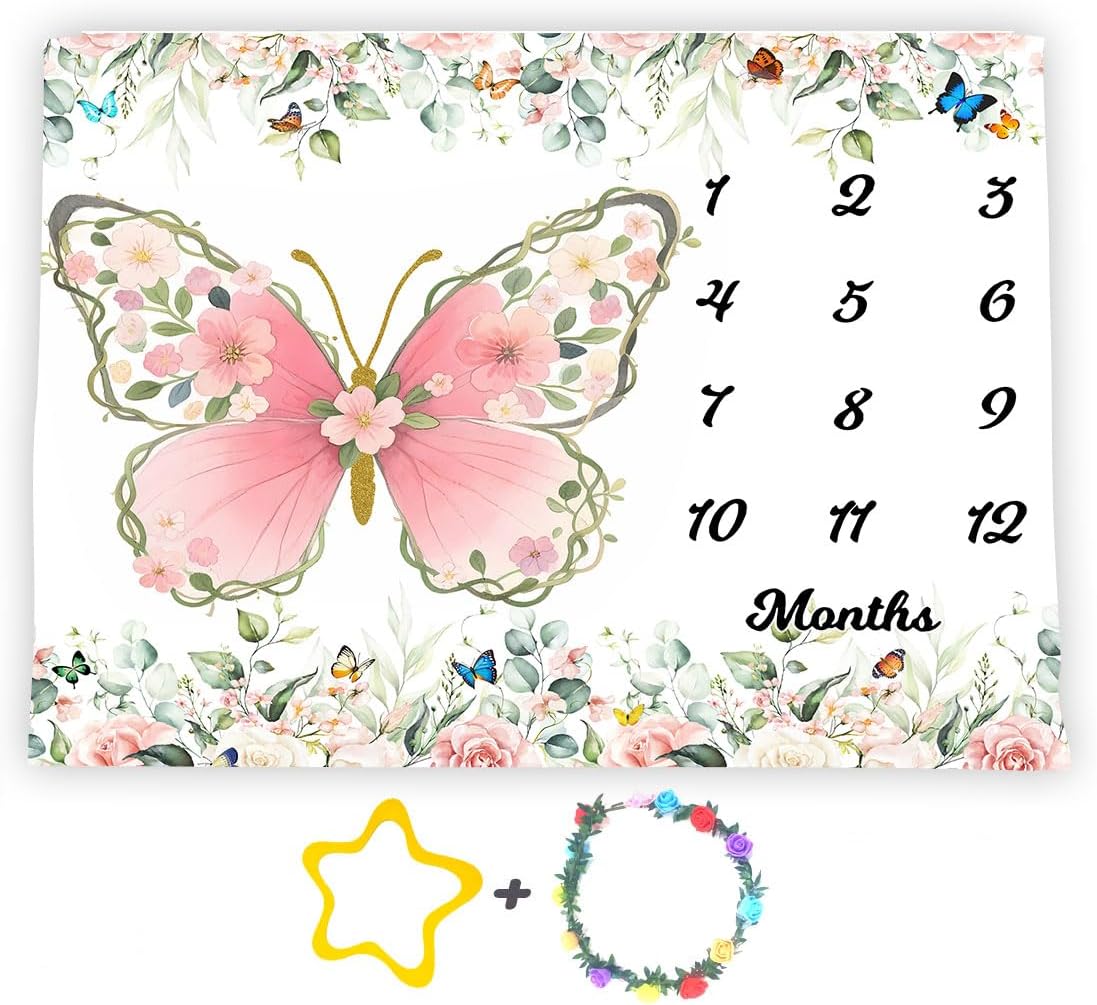 Floral Baby Milestone Blanket for Baby Girls, Pink Butterfly Baby Monthly Milestone Blanket,Newborn Photography Props,Newborn Shower Gifts for Mom,Soft Flannel,60x40 inches