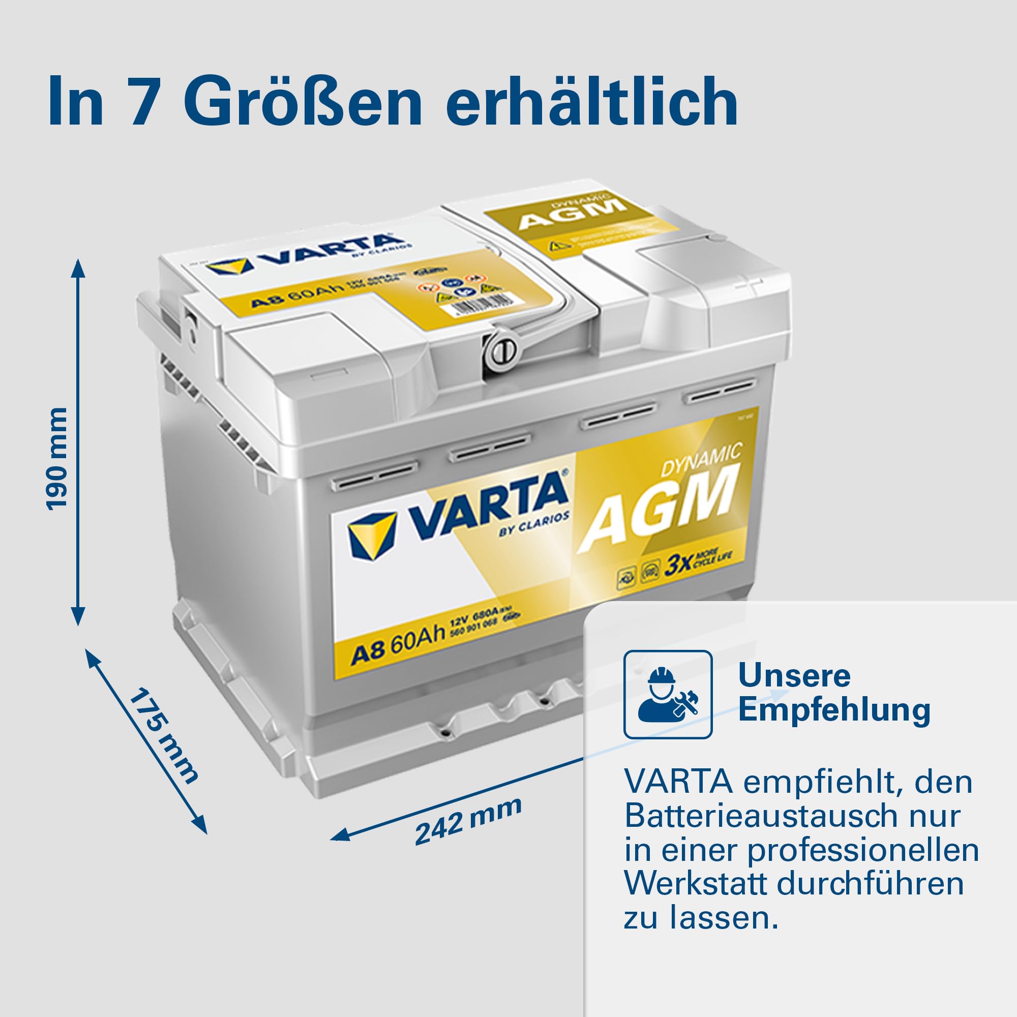 VARTA Automotive DYNAMIC AGM (A8) 12V 60Ah 680A - Nassbatterie für Start-Stopp Systeme und xEV - Starterbatterie für Autos mit höherem Energiebedarf - Wartungsfreie Bleisäurebatterie
