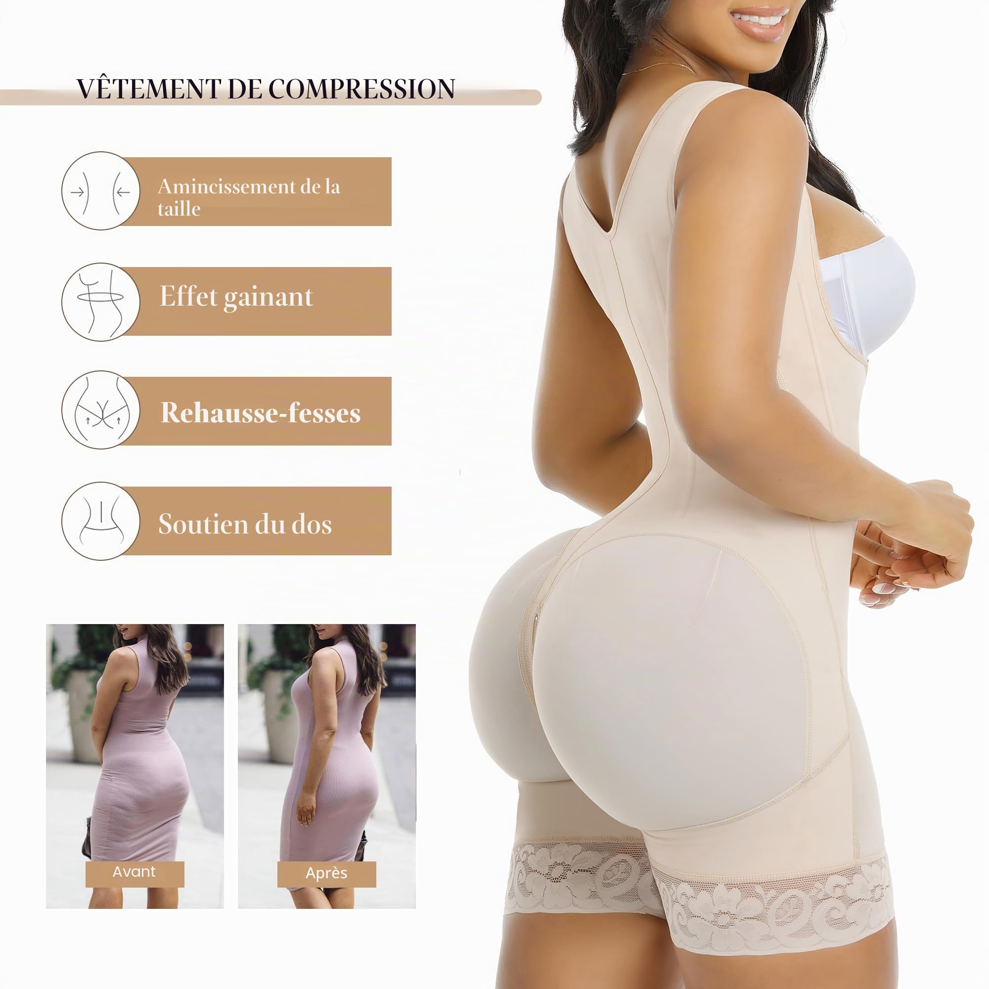 YIANNA Body Gainant Femme Gaine Ventre Plat Sculptant Combinaison Amincissante Fajas Colombianas Shapewear Bodysuit Invisible Beige 7306 M