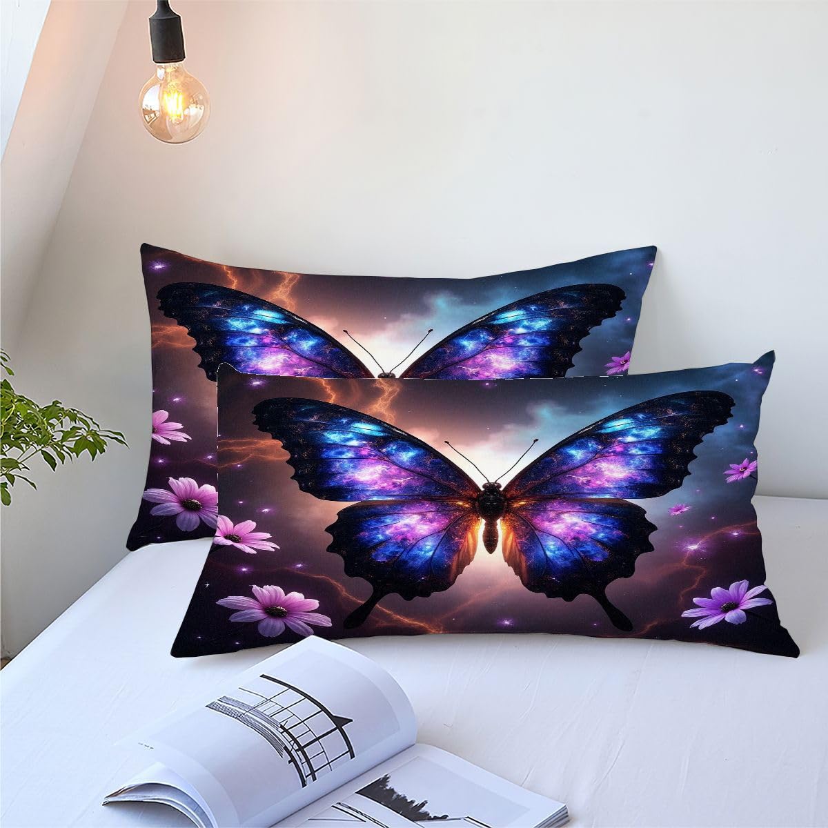 F273 Kołdra 220 x 240 cm, fioletowy motyl, miękka kołdra dwuosobowa, pikowana do sypialni, 3-częściowa pościel (1 koc 220 x 240 cm + 2 poszewki na poduszkę 80 x 80 cm)