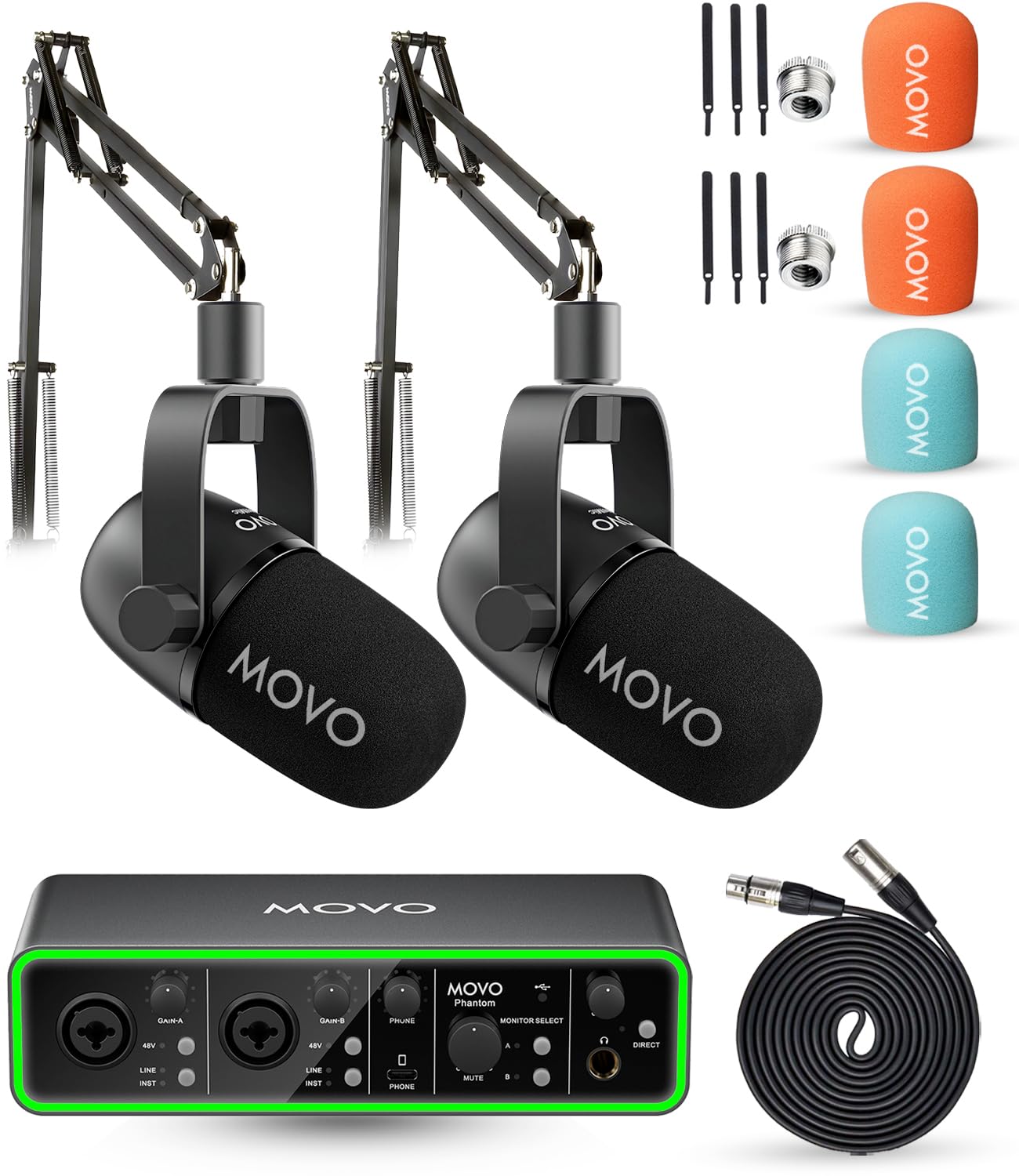 Movo Podcasting Equipment Bundle - Phantom USB Audio Interface, 2 CastMic XLR Dynamic Microphones, and 2 Boom Arms - Complete Studio Setup for Professional Podcasting and Streaming