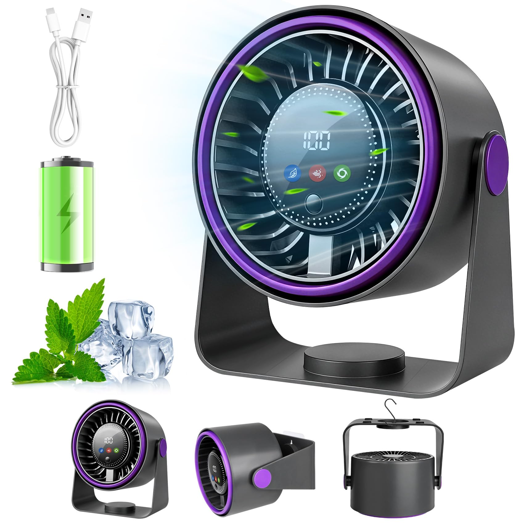 Ventilateur Silencieux de Table,Ventilateur Bureau Ventilateur USB MiNi Ventilateur Portable 3 en 1 5000mAh Vitesse du Vent Réglable Sur 5 Niveaux Réglable à 360° Pour Maison,Bureau,Camping,Extérieur