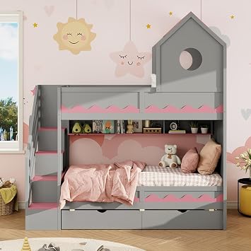 Virubi Twin House Bunk Bed with Stairs and Drawers,Wood Castle Bed with Storage Drawers Shelves& LED Lights Twin Over Twin,Grey