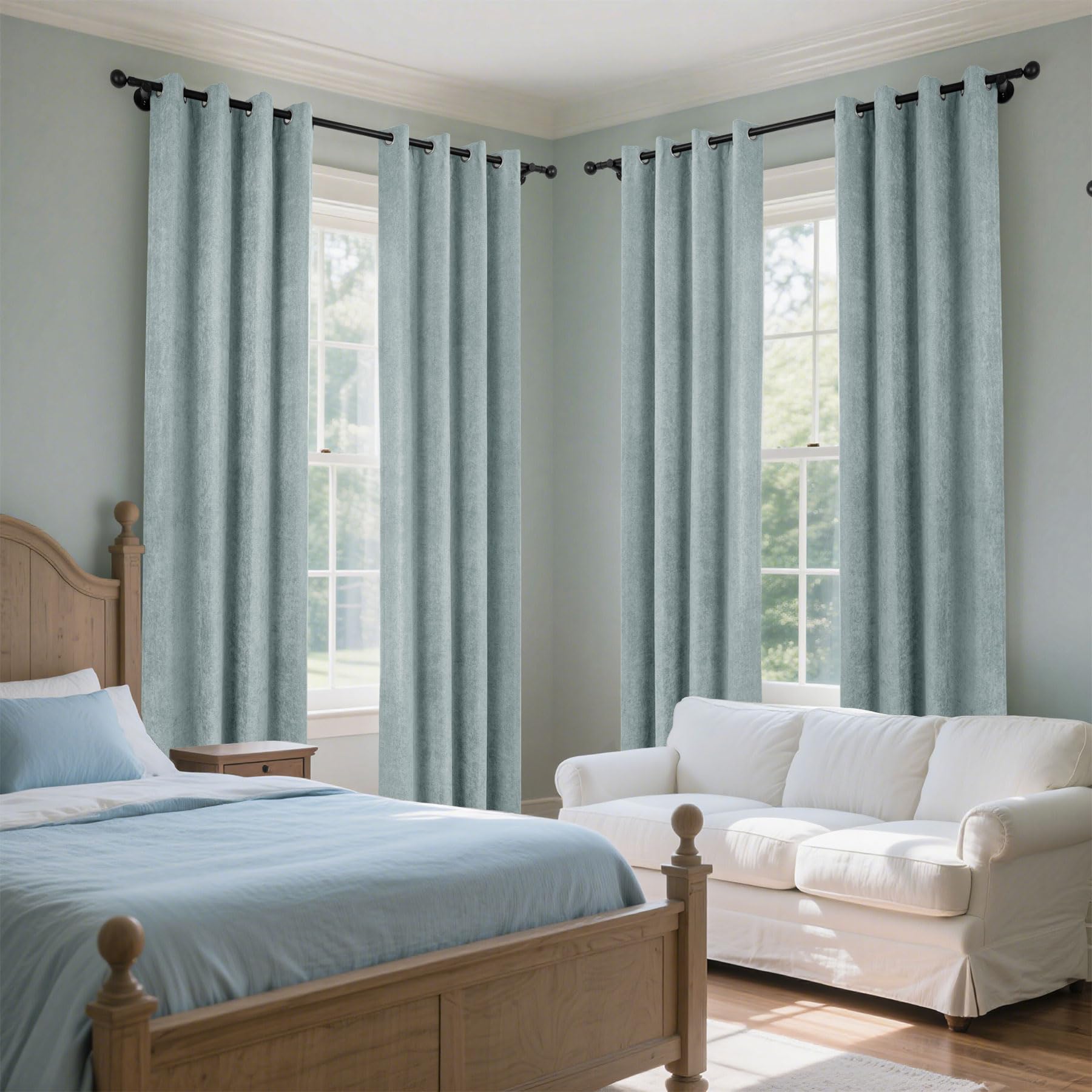 Macochico Fog Green 100% Blackout Chenille Curtains 72”Wx96”L, Soft and Luxury Drapes with Nice Vertical, Thermal Panels for Bedroom Living Room Nursery, Grommet Drapery with Tieback, 1 Panel