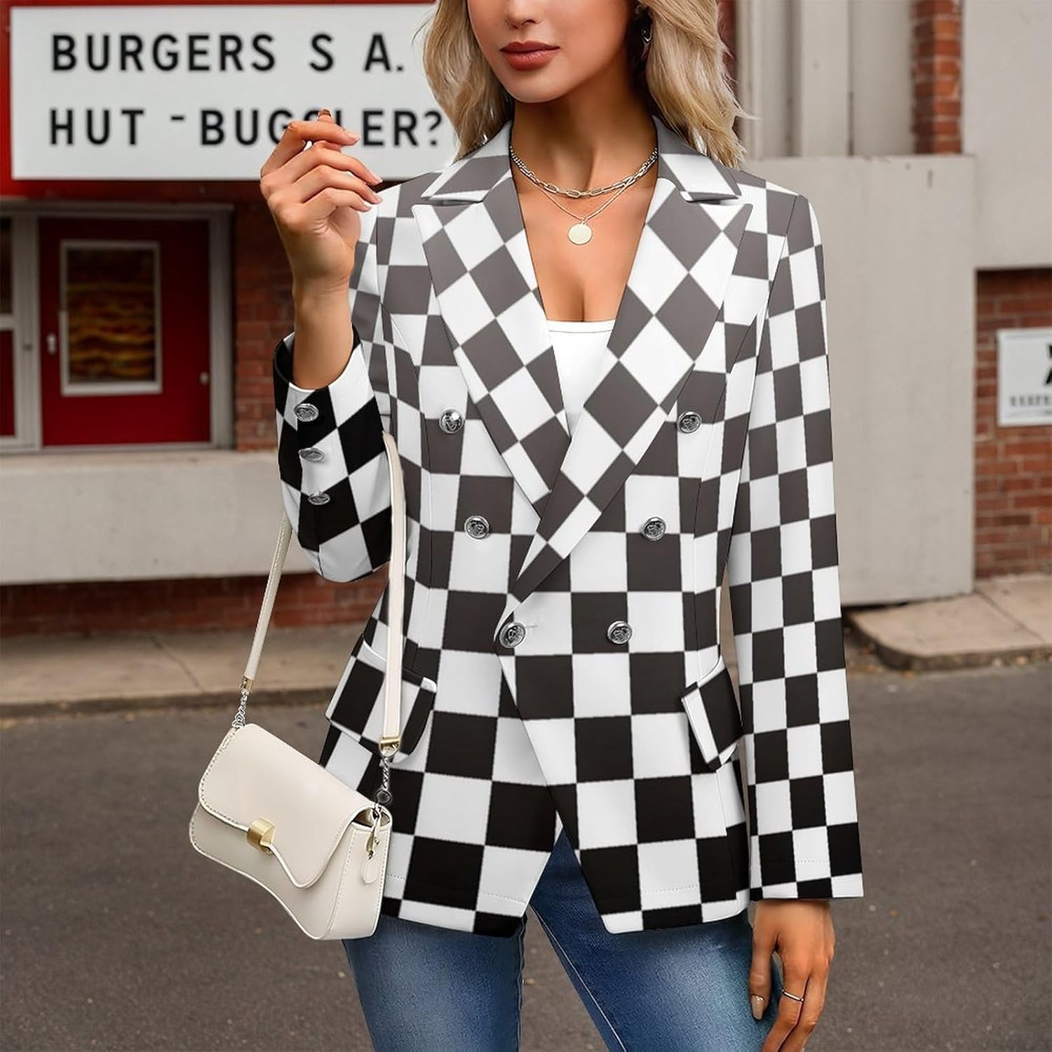Black White Racing Checkered Flag Women's Casual Blazers Suit Jacket Fashion Business Coat