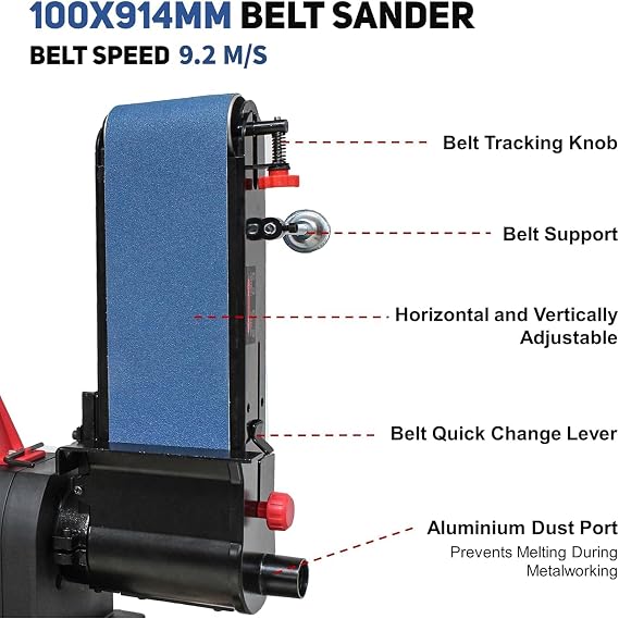 BUCKTOOL Belt Sander for Metal, 700W Bench Sander, 100 x 914mm, 200mm Disc | Direct-Drive Motor and Adjustable Sanding Angle for Deburring, Shaping, Finishing and Workshop Metalworking