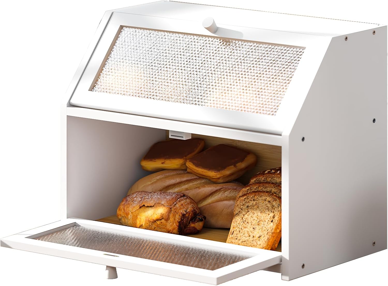 Bread Box for Kitchen Countertop Bin Double Layer Bread Box Storage Container Extra Large Capacity Farmhouse with Diamond Pattern Windows (White, Large)