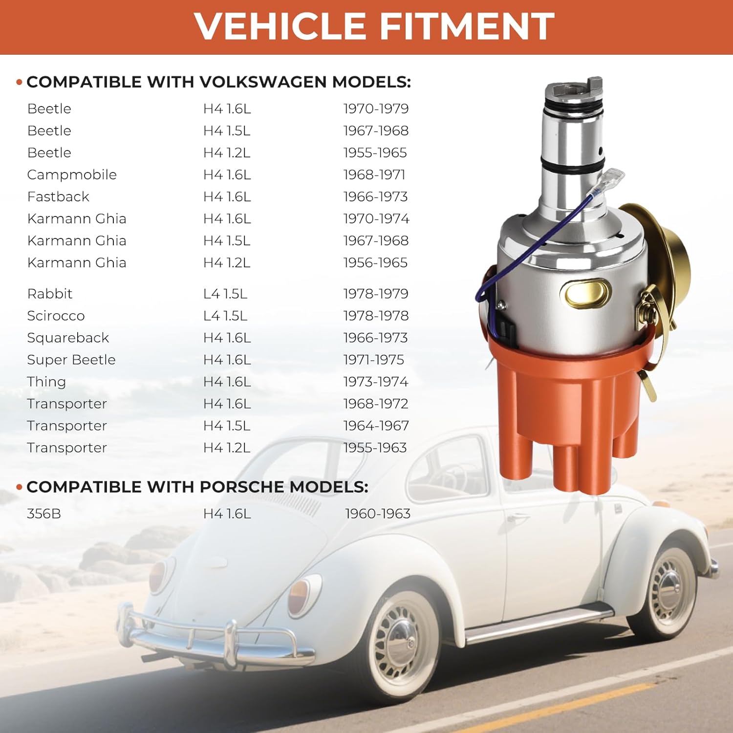 Vacuum Advance Distributor with Cap & Rotor Compatible with Volkswagen Beetle Campmobile Fastback Karmann Ghia Rabbit Scirocco - 1.5L/1.6L 4 Cyl Replace 0231178003