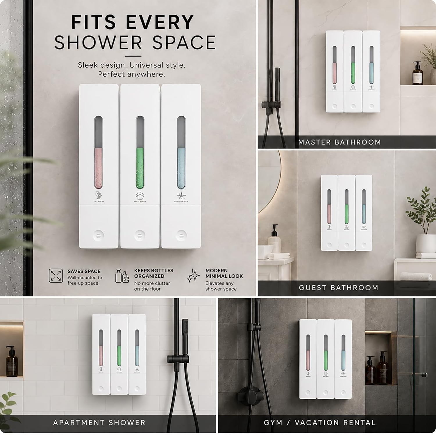 Condition photo showing New/Like New for shampoo and conditioner dispenser - wall-mounted 3-chamber shower soap dispenser, no-drill, 1200ml capacity, for bathroom & hotel
