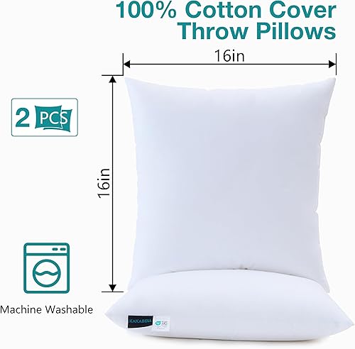 Miniatura 2 de KAKABELL Almohadas de 16 x 16 pulgadas (paquete de 2, blanco), funda 100% algodón, alternativa al plumón para cama y sofá, almohadas decorativas