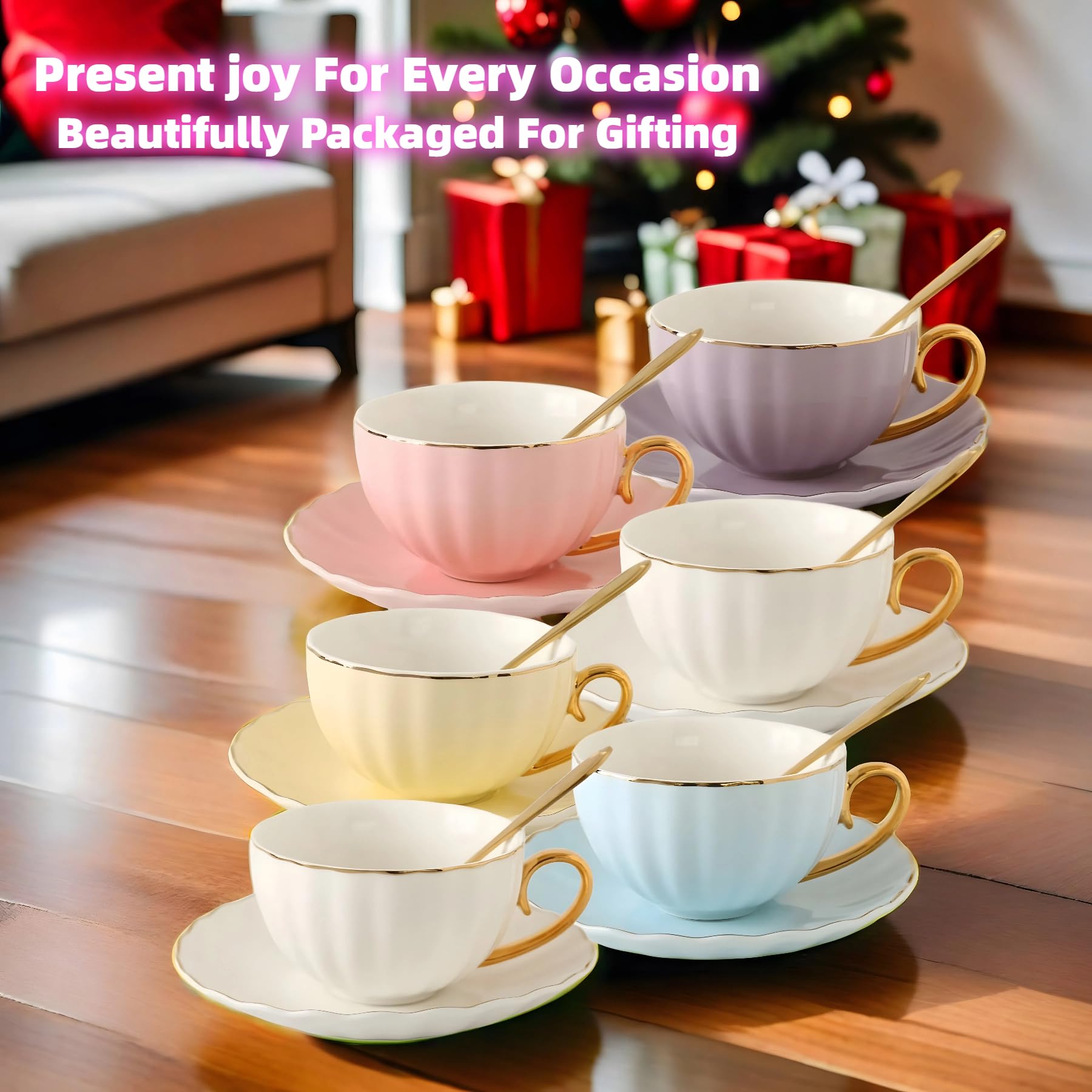 ICHAG Juego de 6 tazas de té y platillos, juego de tazas de té, taza de té y platillo, juegos de té para mujeres, fiesta de té para adultos, tazas de té de calabaza de 7 onzas, para té de la tarde,