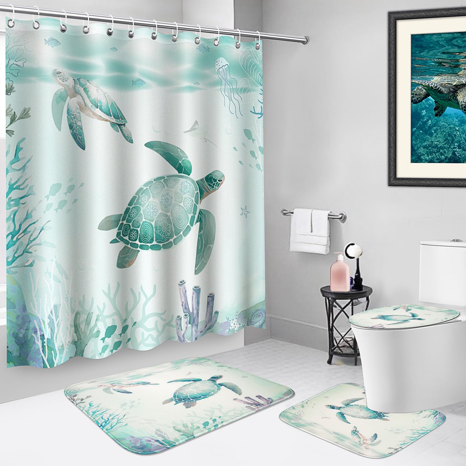 LSYDCARM Sea Turtle Shower Curtain Set, Blue Ocean Beach Coastal Decorative Bath Curtain with Non Slip Rug, Nautical Shower Curtain Waterproof