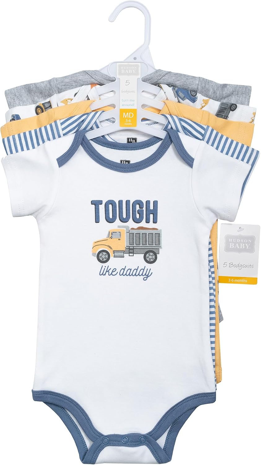 Hudson Baby Infant Boys Cotton Bodysuits 5-Pack, Blue Construction Trucks, Preemie