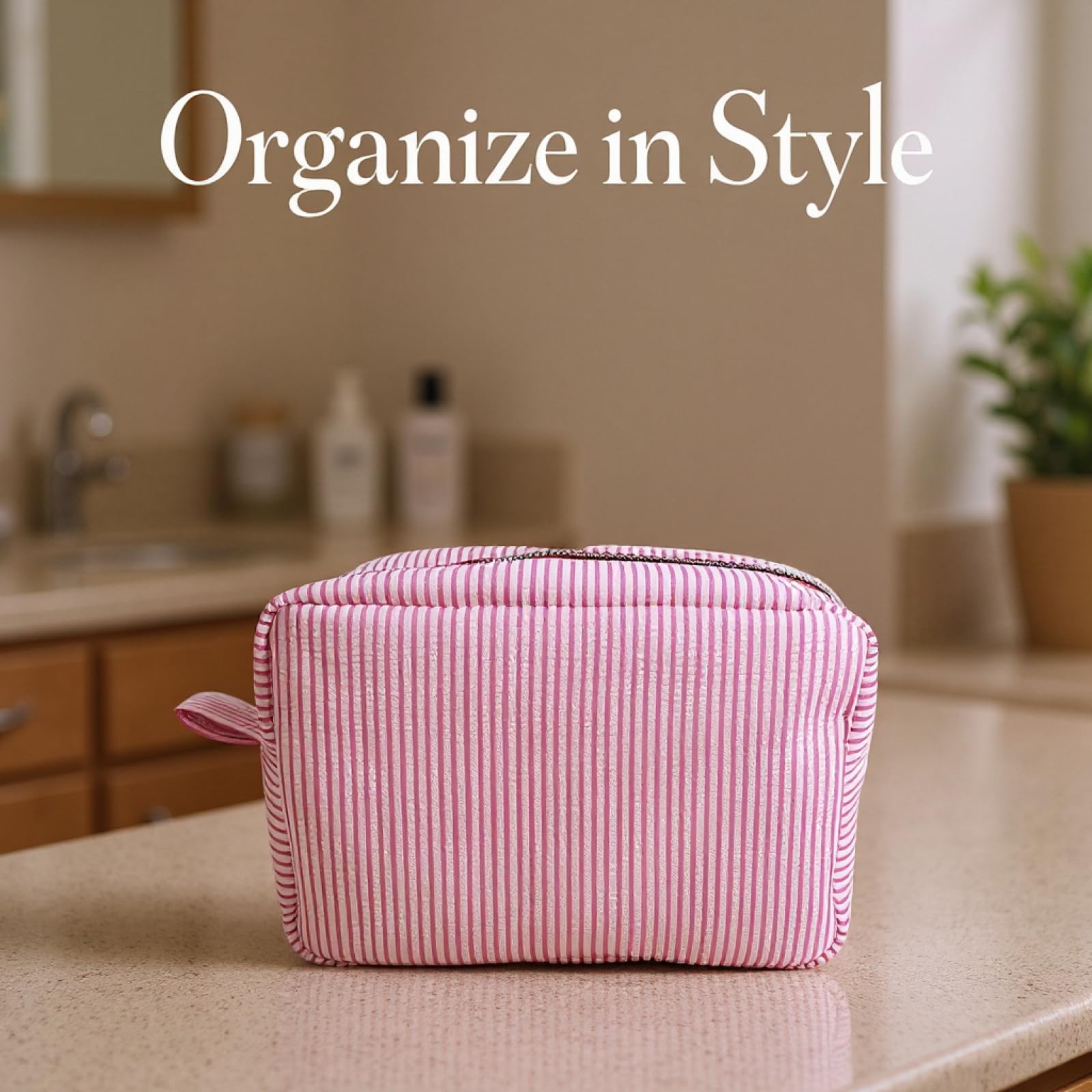6 STK. Seersucker Kosmetiktaschen Set, rosa Streifen Make up Tasche, großer Reise Kulturbeutel Organizer, Stoff Aufbewahrungstaschen, indischer Stil für Hochzeit, Party Gastgeschenke