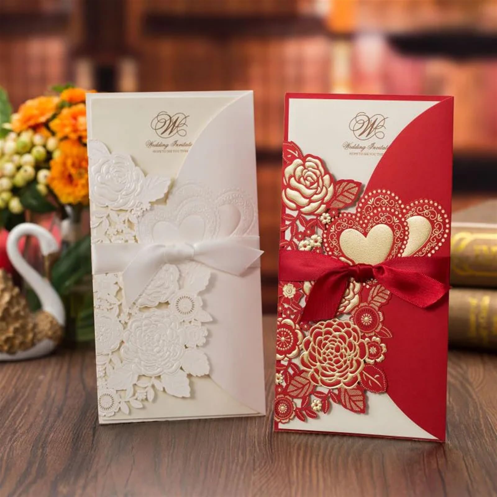 Hochzeitseinladungs-Set, Liebe Herz Hochzeitseinladungen Karte anpassen Band Multicolor Pack 5 oder 10 Stück(Gold Cover Insert,5pcs)