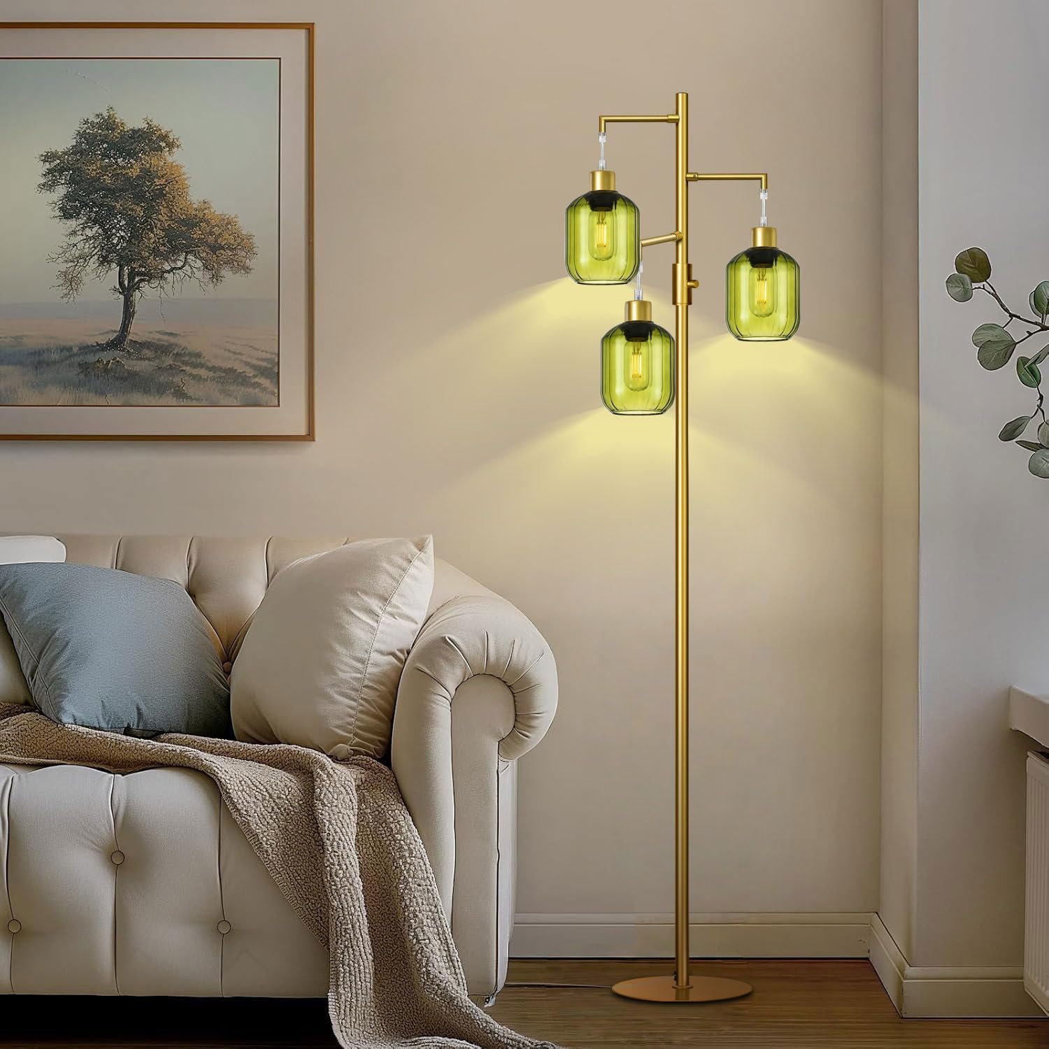 Glass Floor Lamps for Living Room, Modern Standing Lamps with Green Shade, Dimmable Green Tall Floor Lamp, Mid Century Gold 3 Lights Tall Tree Lamp with 3 LED Bulbs