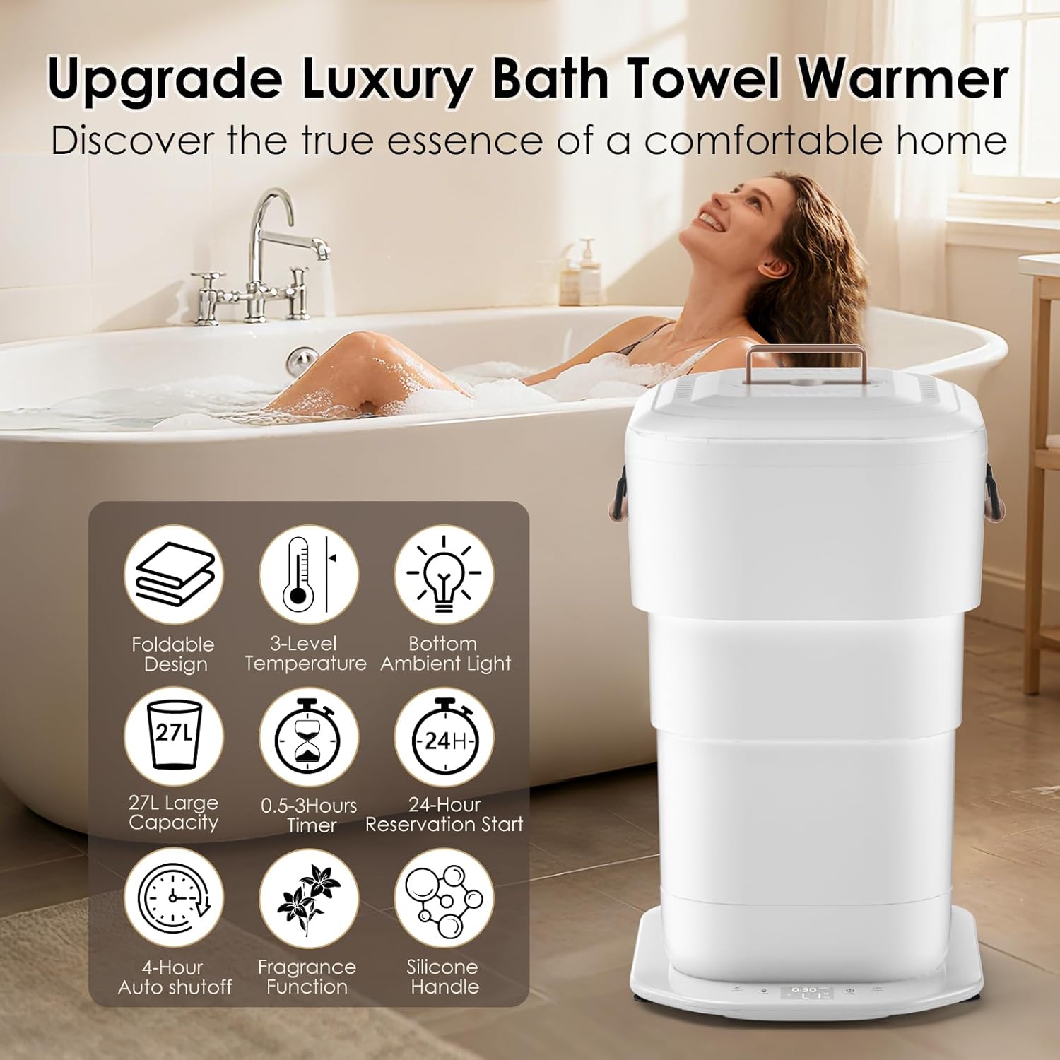 MFTEK 27L Towel Warmer for Bathroom, Foldable Heated Towel Warmers Bucket, Spa-Like Towel Heater with Timer, Auto Shut Off, Ambient Light, Fits Large Towels, Blankets, Bathrobes, Great Gift Idea