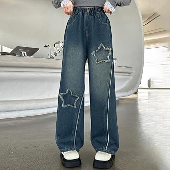 Girls' Jeans Cute Preppy Trousers Y2k Streetwear Washed Baggy Wide Leg
