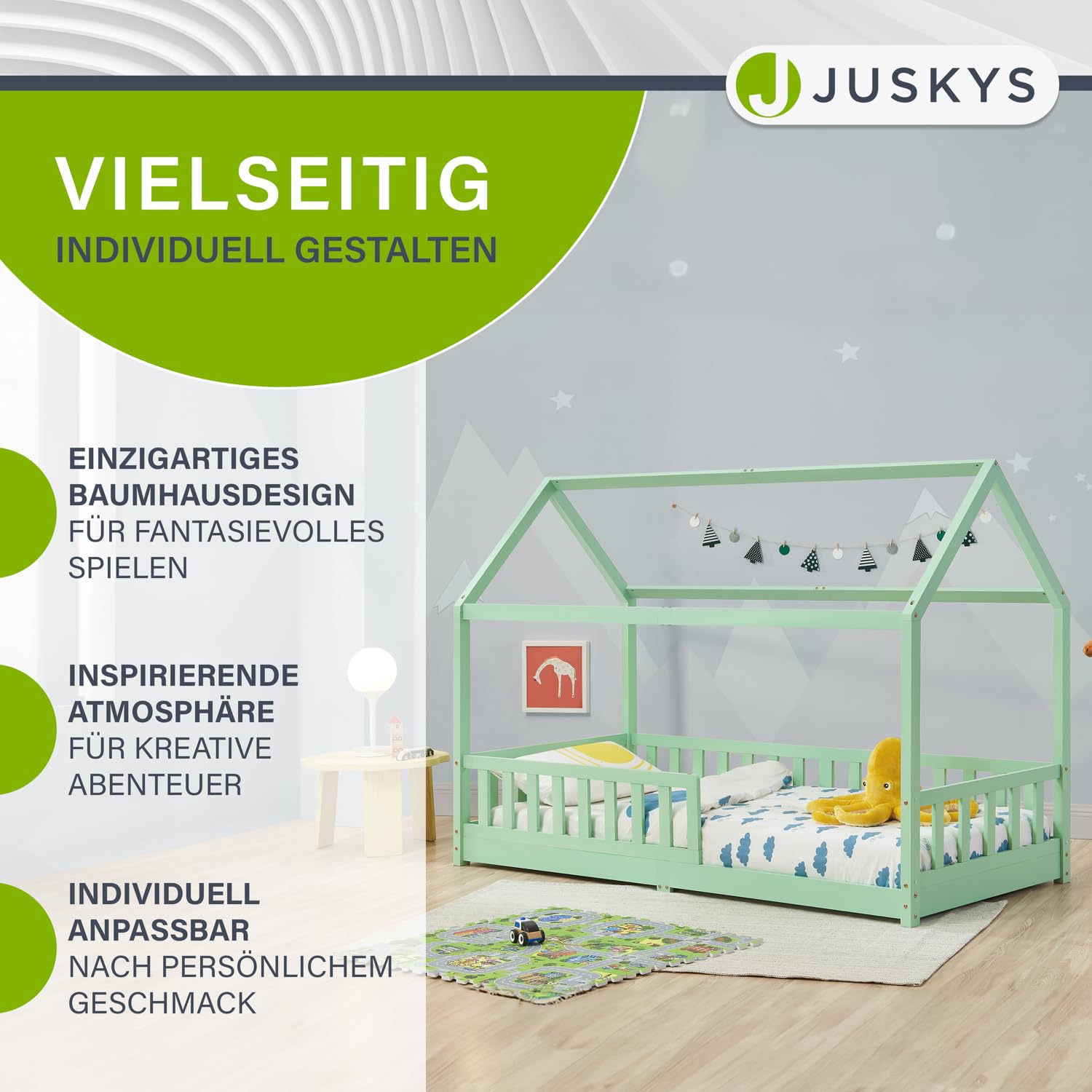 Juskys Cama infantil Marli 90 x 200 cm con barrera anticaída, somier de láminas y techo - Cama caseta de madera maciza para niños - Color menta