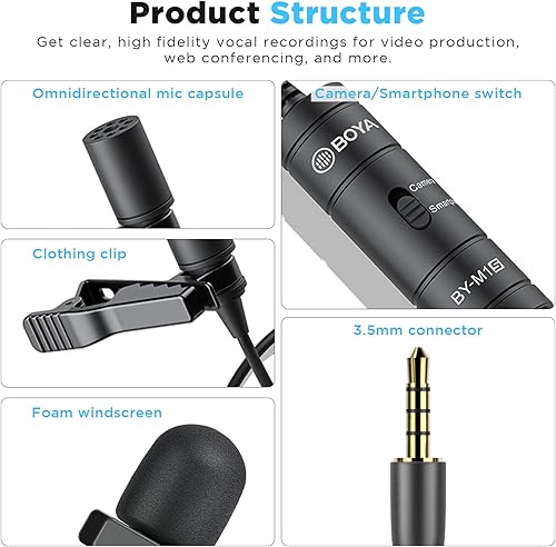 Miniatura 2 de BOYA BY-M1S Micrófono de solapa Lavalier profesional Micrófono de condensador omnidireccional para iPhone Android Smartphone Cámara DSLR,