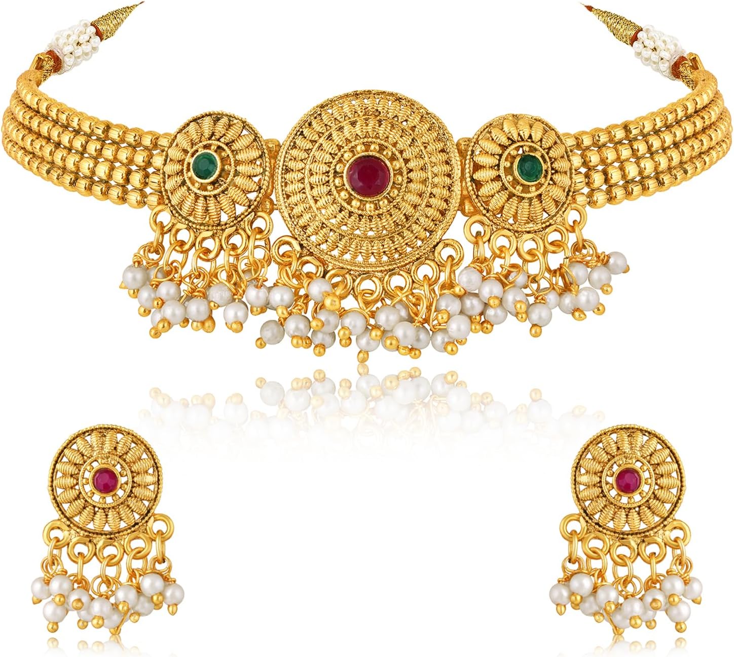 Aheli Gold Plated Rani Pink Green Synthetic Stone & Beads Studded Necklace Dangle Earrings Set Ethnic Traditional Temple Jewellery Gift for Women