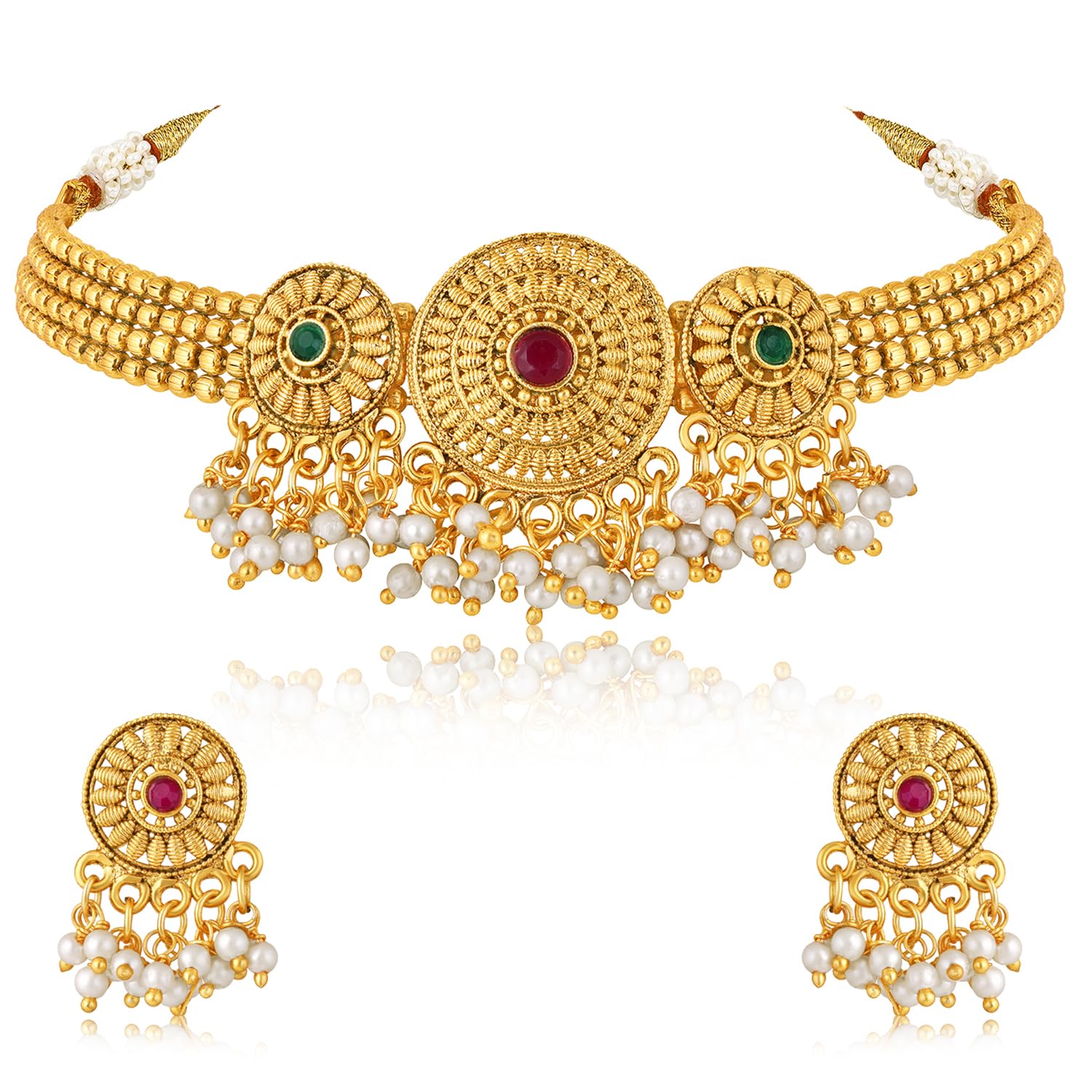 Peora Gold Plated Rani Pink Green Synthetic Stone & Beads Studded Necklace Dangle Earrings Set Ethnic Traditional Temple Jewellery for Women & Girls (B0DF5CCY2W) Amazon Price History, Amazon Price Tracker