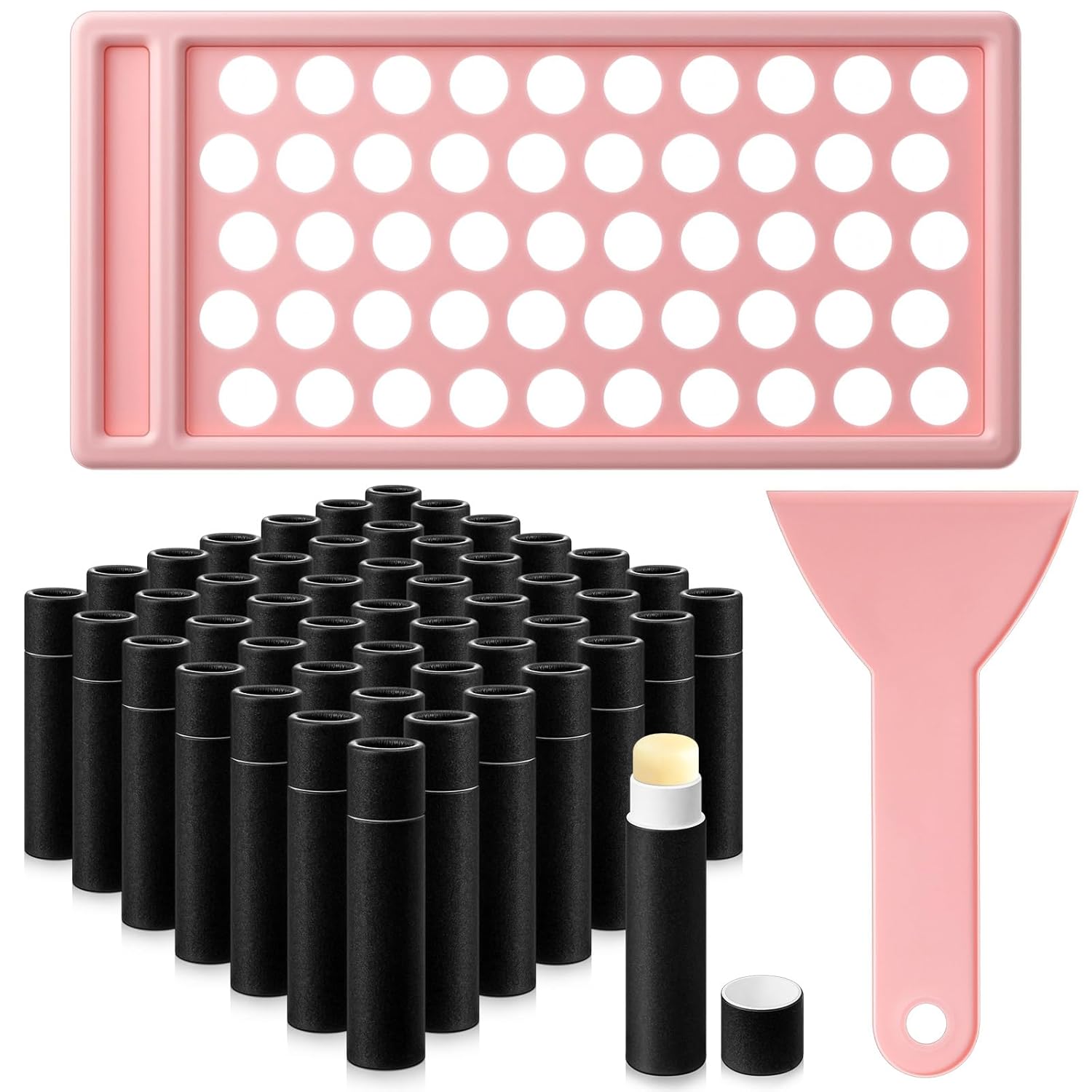 ( incomplete) 50 Pcs Paperboard Lip Balm Tubes with Filling Tray and Spatula Set 0.176 Oz/5g Black Empty Cardboard Lipstick Tubes for Lip Gloss Container DIY for Lipstick Gloss Deodorant Solid Perfume