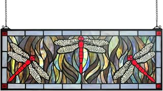 Yogoart Large Horizontal 29 Inch Stained Glass Green Drangonfly Window Panels Hanging Transom Window 11 Inch Wide