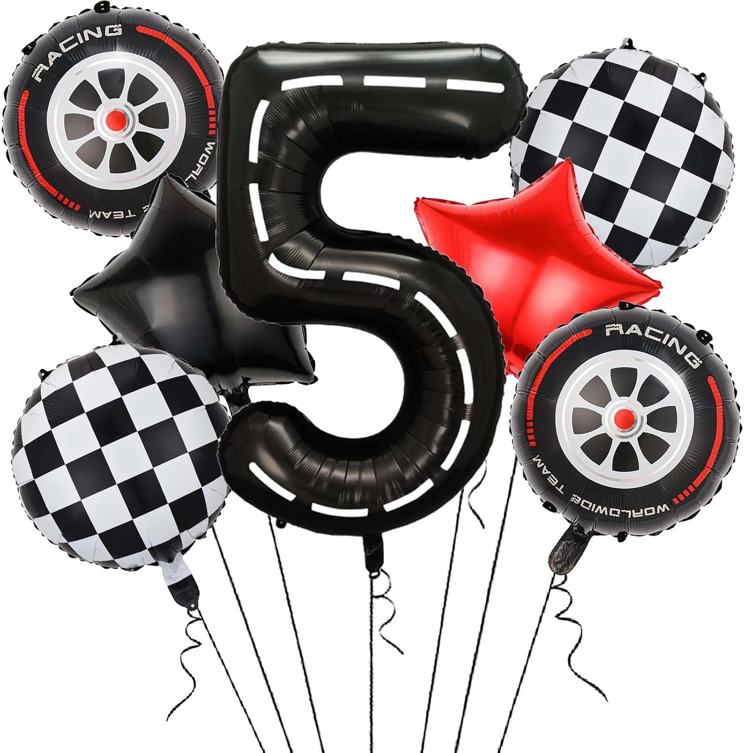Race Car Balloons,40 Inch Racetrack Number 5 Balloon,Big Number Balloons Black for 0st Birthday Race Car Theme Party Decor Supplies 7 Pcs