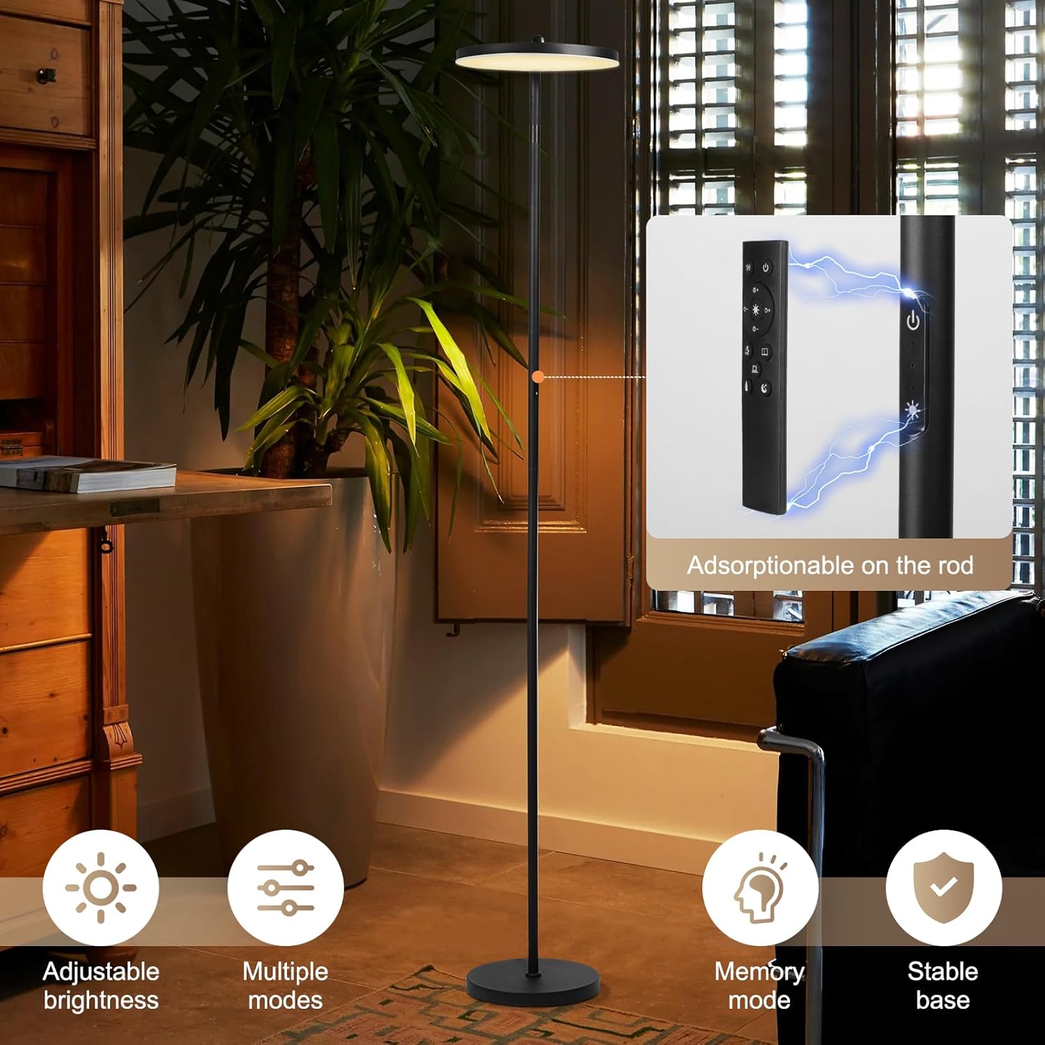 LED Floor Lamp – 36W Super Bright Standing Lamp with Remote & Touch Control, 350° Adjustable Head, Stepless Dimming & Color Temperature (3000K–6000K), Eye-Caring Light for Living Room, Bedroom, Office